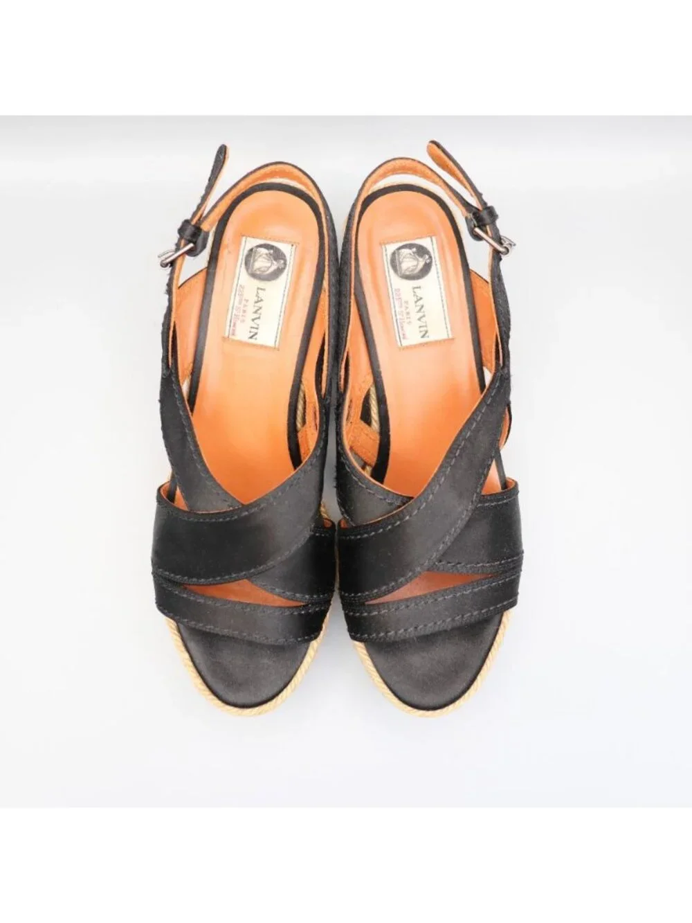 Lanvin Black Satin Platform Espadrille Wedge Sandals Spain Size 37 US 6.5
